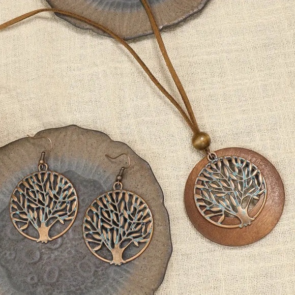 924 ❤️ Tree of Life Boho Wooden Necklace & Earrings Jewelry Bohemian Set - Picture 5 of 7